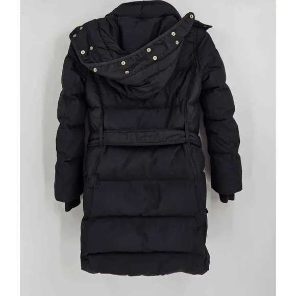 J. Crew Black Wintress Down Filled Belted Puffer Coat Removable Hood Sz XXS - Picture 2 of 4